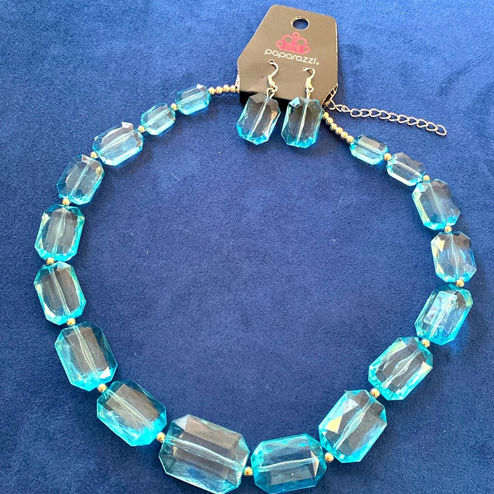 NWT Blue Crystal Adjustable Choker Necklace with Matching Earrings